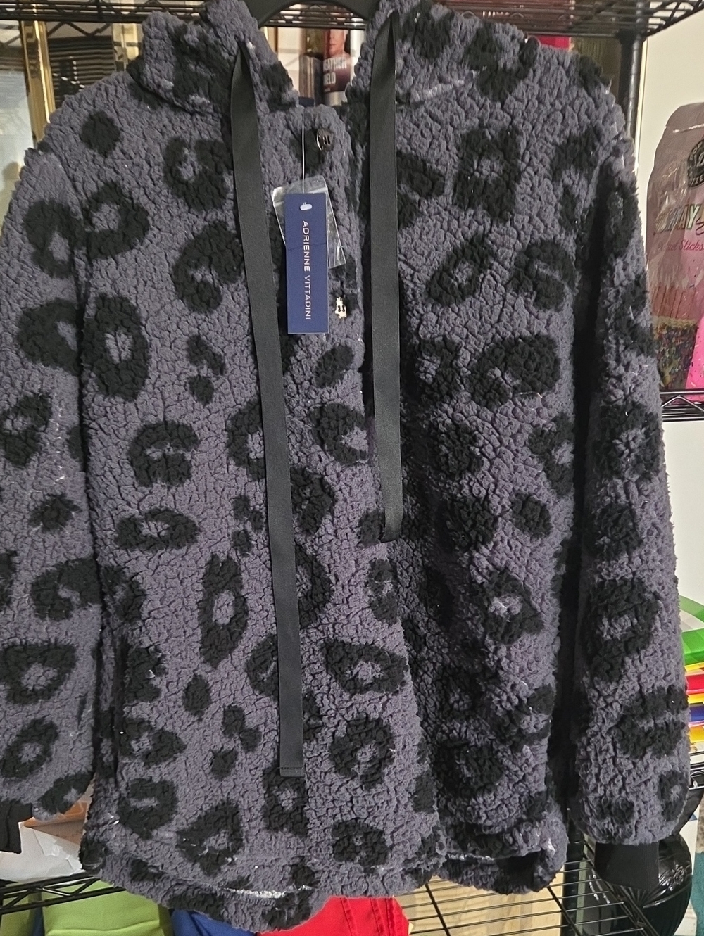 Adrienne Vittadini Black & Charcoal Leopard Sherpa Hoodie